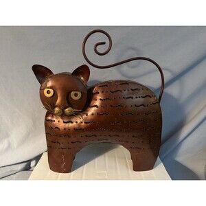 Metal Kitty Cat Decor Figure with votive Candle Holder Rustic Folk Art